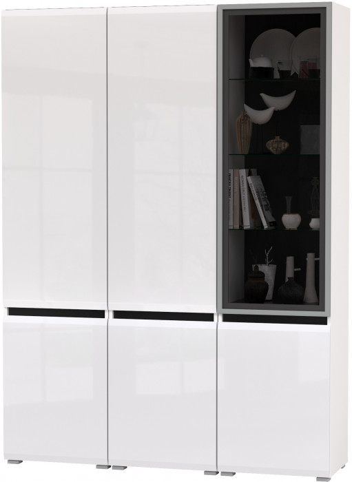 Сидней 13.200 Шкаф 2 штуки + Шкаф-витрина 13.201, корпус: белый/чёрный/фасады: МДФ белый глянец/стекло
