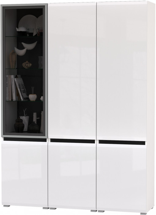 Сидней 13.200 Шкаф 2 штуки + Шкаф-витрина 13.201, корпус: белый/чёрный/фасады: МДФ белый глянец/стекло