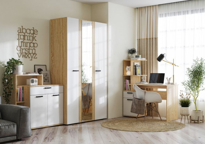 САНСА ШК-03 Шкаф 3-х створчатый Фасад БЕЛЫЙ,ДУБ СОНОМА/Корпус ДУБ СОНОМА