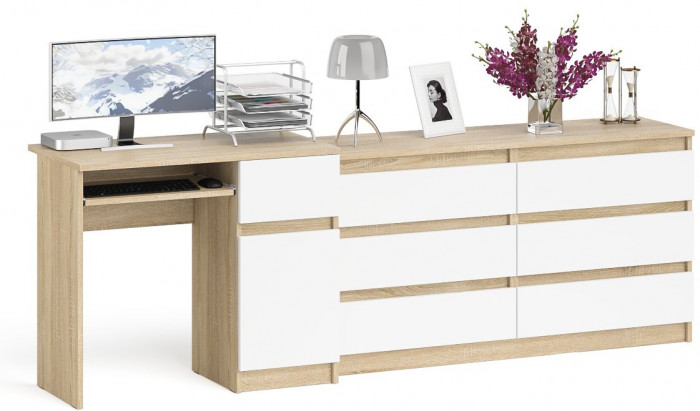 Мори компьютерный стол МС-1 правый + Комод МК1380.6, дуб сонома/белый