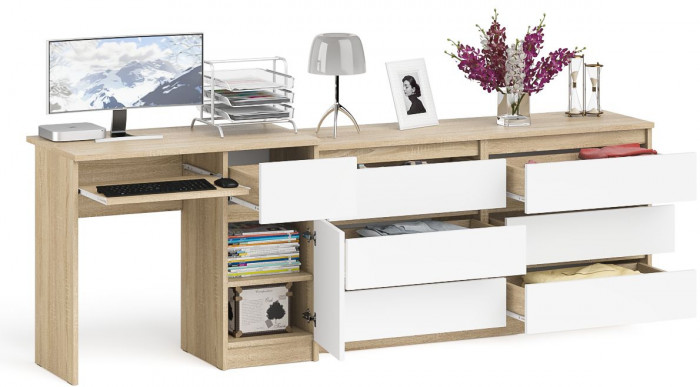 Мори компьютерный стол МС-1 правый + Комод МК1380.6, дуб сонома/белый