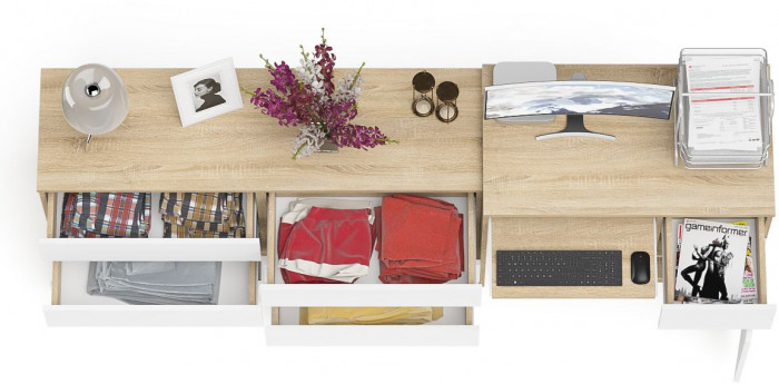 Мори компьютерный стол МС-1 правый + Комод МК1380.6, дуб сонома/белый