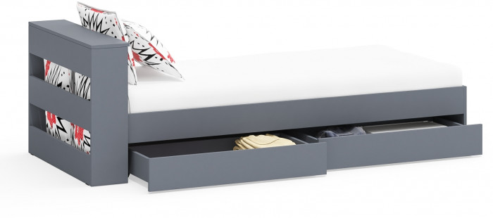 Ксения Кровать с ящиками 0900, цвет графит, ШхГхВ 96,4х221,6х72 см., сп.м. 900х2000 мм., без матраса, основание есть, универсальная сборка