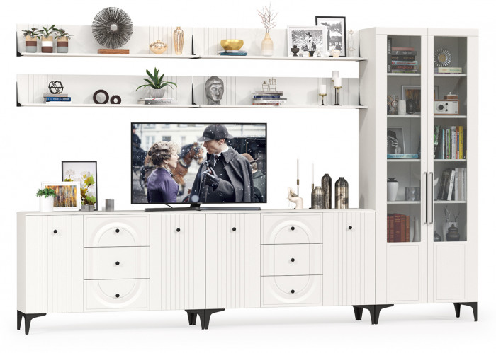 Валенсия Гостиная № 122, цвет ЛДСП белый шагрень/МДФ белый шагрень, ШхГхВ 350,4х38,4х225,2 см., универсальная сборка