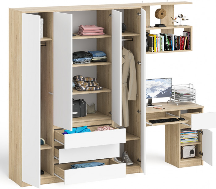 Мори компьютерный стол МС-1 правый + Шкаф МШ1600.1 + Полка 900, дуб сонома/белый