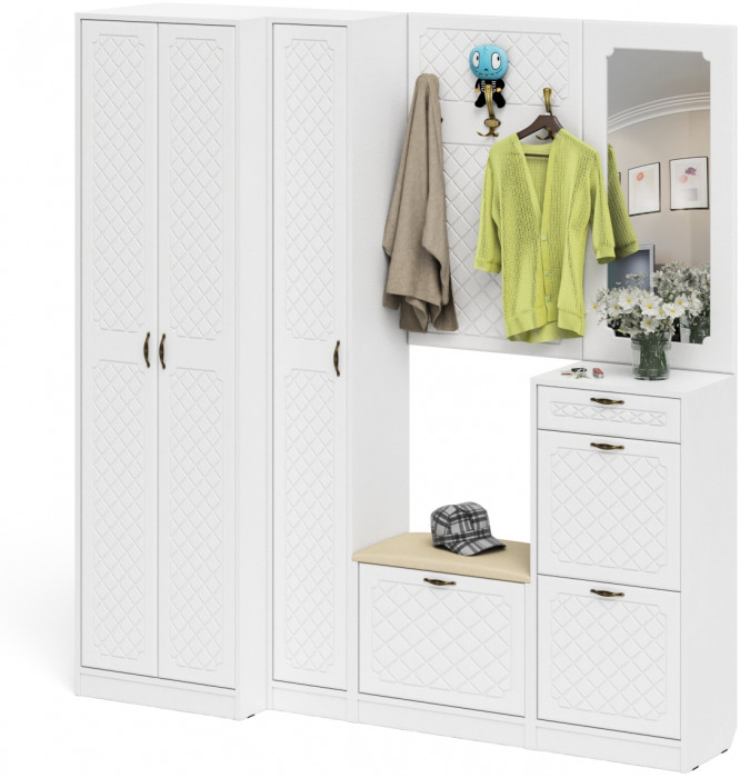 Прихожая П-6 Компоновка № 31, цвет белая шагрень/фасады МДФ белое дерево фрезеровка ромб, ШхГхВ 200х50х210 см., универсальная сборка