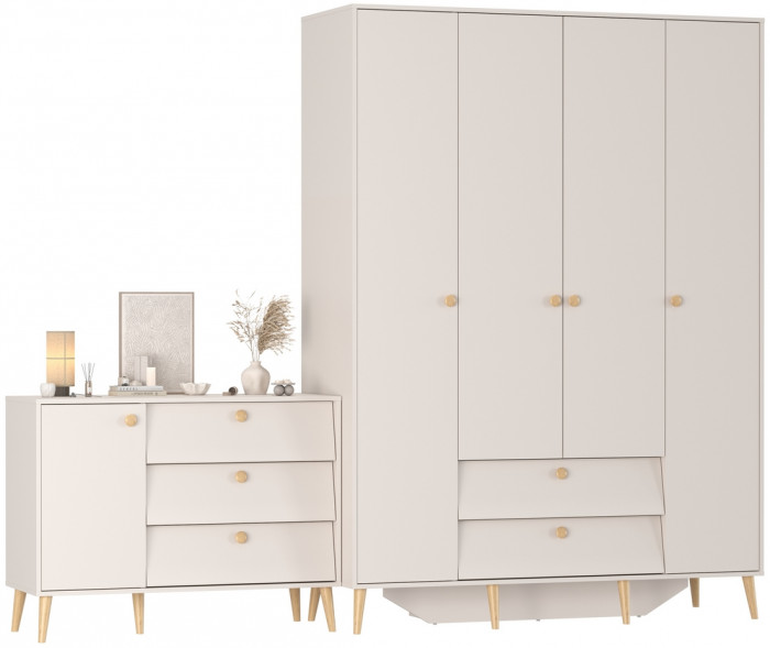 Афина Спальня Шкаф 4-х дверный + Комод с дверкой и тремя ящиками, кашемир серый