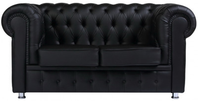 Диван кожаный черный, прямой 2-х местный, для дома, офиса, гостиной, кабинета Честер