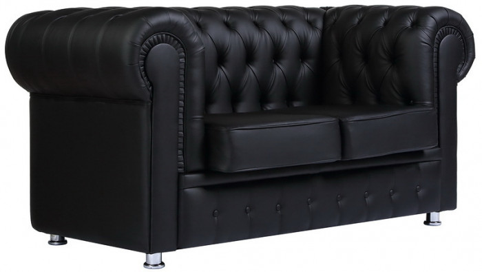 Диван кожаный черный, прямой 2-х местный, для дома, офиса, гостиной, кабинета Честер