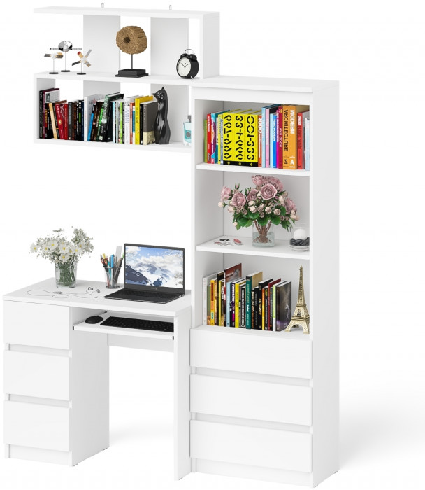 Мори компьютерный стол МС-6 левый + Стеллаж МСТ600.3 + Полка 900, белый