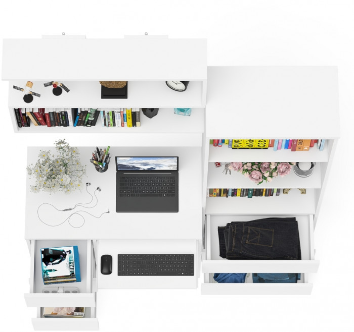 Мори компьютерный стол МС-6 левый + Стеллаж МСТ600.3 + Полка 900, белый