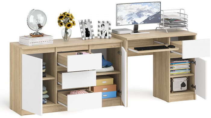 Мори Стол компьютерный МС-1 правый + Комод МК1200.3, цвет дуб сонома/белый, ШхГхВ 210,4х50х76,6 см., выдвижной ящик справа, НЕ универсальная сборка