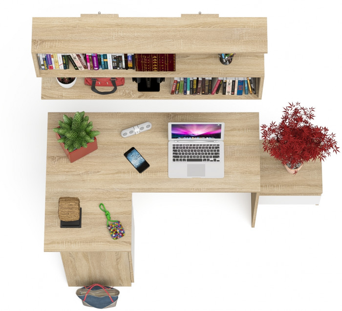 Мори Стол компьютерный МС-16 левый + Тумба ТМП400.1 + Полка 1200, цвет дуб сонома/белый, ШхГхВ 164,8х84,9х209,6 см., НЕ универсальная сборкаа