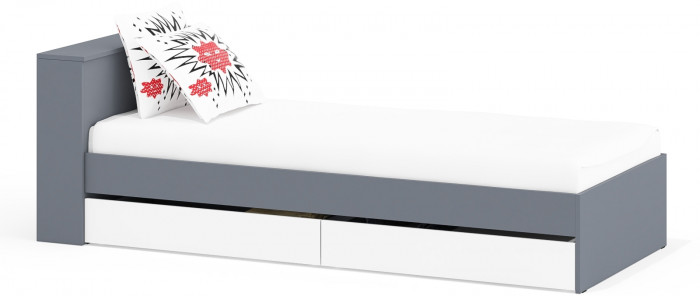 Ксения Кровать с ящиками 0900, цвет графит/белый, ШхГхВ 96,4х221,6х72 см., сп.м. 900х2000 мм., без матраса, основание есть, универсальная сборка