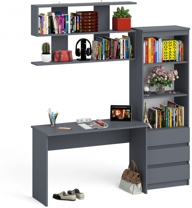 Мори Стол письменный МСП1200.1 + Стеллаж МСТ600.3 + Полка 1200, цвет графит, ШхГхВ 180,8х50х209,6 см., универсальная сборка