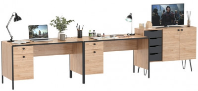 Брюс Стол 12.157 + Комод 16.233 + Стол 12.157, цвет чёрный/Battle rock Santiago/столешница МДФ ель карпатская, 373,4х62,6(38,3)х75(85,6) см., ун. сб.