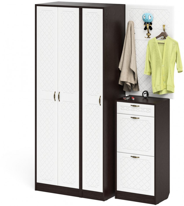 Прихожая П-6 Компоновка № 50, цвет венге/фасады МДФ белое дерево фрезеровка ромб, ШхГхВ 150х50х210 см., универсальная сборка