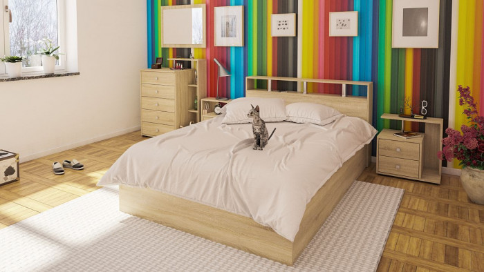 Камелия спальня № 5 Кровать 1400 + Две тумбы + Комод + Зеркало, цвет дуб сонома, сп.м. 1400х2000 мм., б/м, основание есть