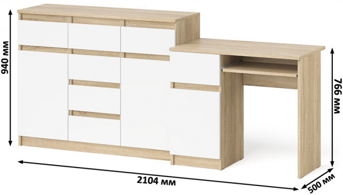 Мори компьютерный стол МС-1 левый + Комод МК1200.4, дуб сонома/белый