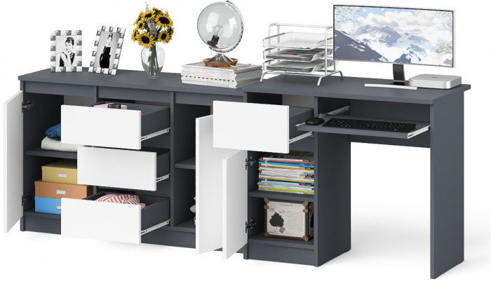 Мори Стол компьютерный МС-1 левый + Комод МК1200.3, цвет графит/белый, ШхГхВ 210,4х50х76,6 см., выдвижной ящик слева, НЕ универсальная сборка