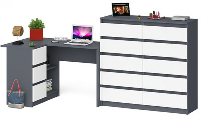 Мори Стол компьютерный МС-16 левый + Комод МК1200.10, цвет графит/белый, ШхГхВ 244,8х84,9х115 см., выдвижные ящики слева, НЕ универсальная сборка