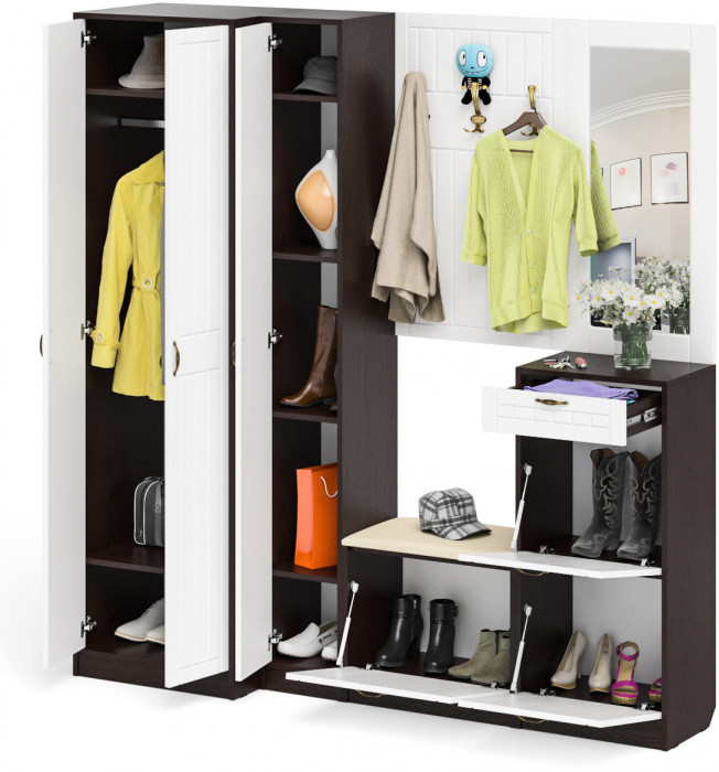 Прихожая П-6 Компоновка № 31, венге/фасады МДФ белое дерево фрезеровка прованс