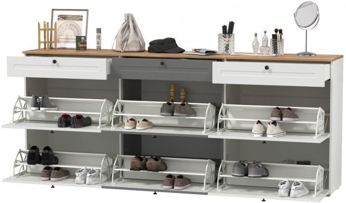 Остин 16.121 Тумба для обуви + 16.121 Тумба для обуви + 16.121 Тумба для обуви, цвет белый шагрень/дуб крафт золотой, ШхГхВ 240х41,6х99,3 см.