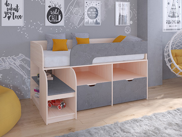 Кровать чердак Астра 9 V6 Дуб молочный/Железный Камень