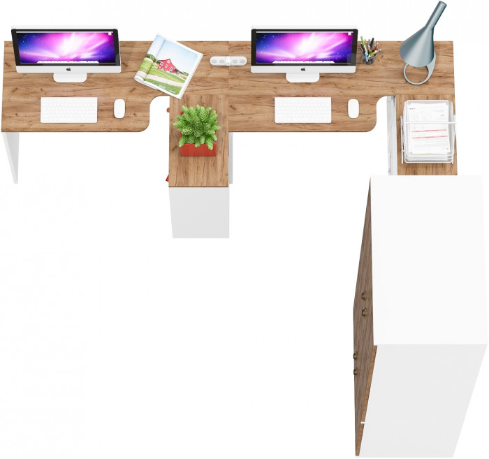 Лидер-8 Стол + Стол + Шкаф МД 19Б + Тумба МД 3.15, цвет белый шагрень/крафт золото, ШхГхВ 450х50х75/190 или 230х200/50х75/190 см., НЕ ун. сб.