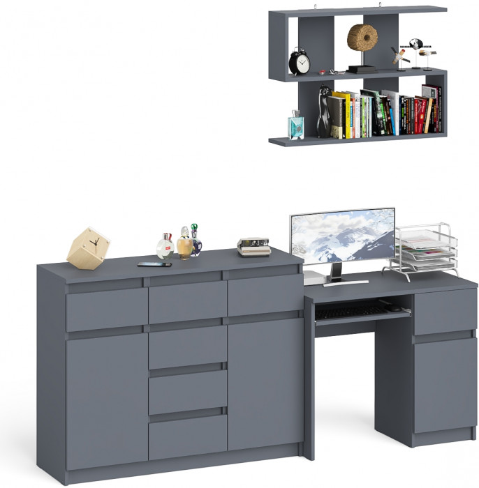 Мори Стол компьютерный МС-1 правый + Комод МК1200.4 + Полка 900, цвет графит, ШхГхВ 210,4х50х209,6 см., НЕ универсальная сборка