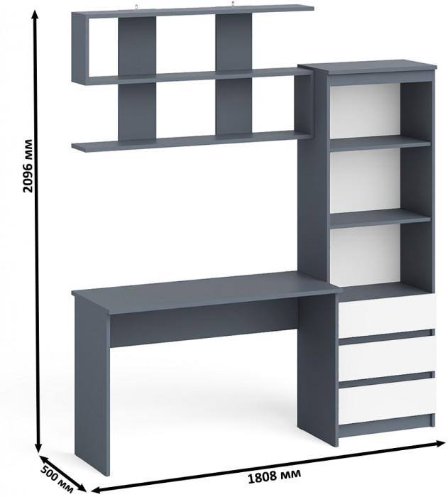 Мори Стол письменный МСП1200.1 + Стеллаж МСТ600.3 + Полка 1200, цвет графит/белый, ШхГхВ 180,8х50х209,6 см., универсальная сборка