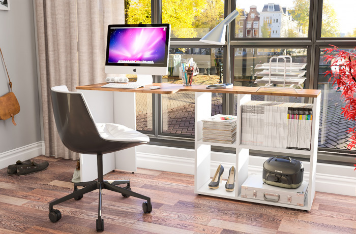 Лидер-8 Модуль письменный стол трансформер, белый шагрень/крафт золото