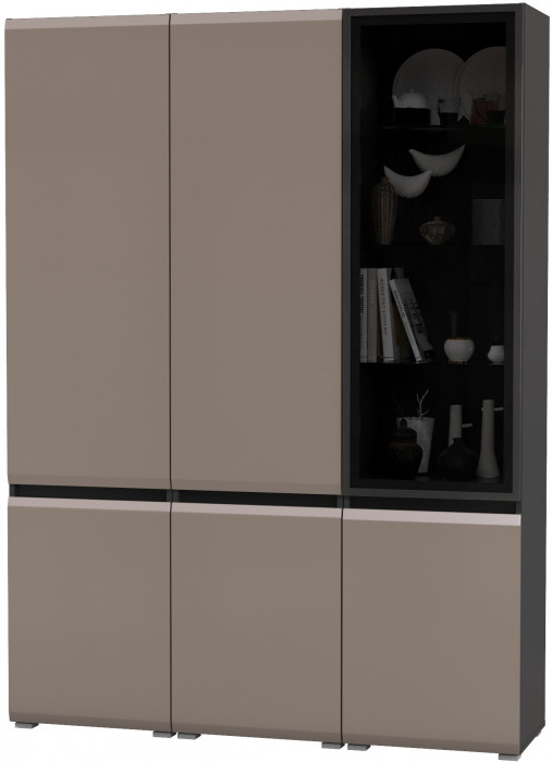 Сидней 13.200 Шкаф 2 штуки + Шкаф-витрина 13.201, цвет корпус: антрацит/фасады: МДФ веллюто капучино/стекло, ШхГхВ 150х41,3х205,2 см., универс. сб.