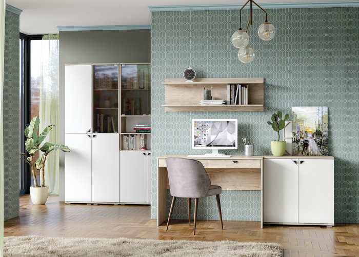 КР100 Бостон 13.154 Шкаф, цвет дуб эндгрейн элегантный/фасады МДФ милк рикамо софт, ШхГхВ 38,6х35,1х194,4 см., универсальная сборка