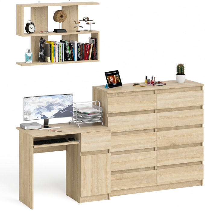 Мори Стол компьютерный МС-1 правый + Комод МК1200.10 + Полка 900, цвет дуб сонома, ШхГхВ 210,4х50х209,6 см., НЕ универсальная сборка