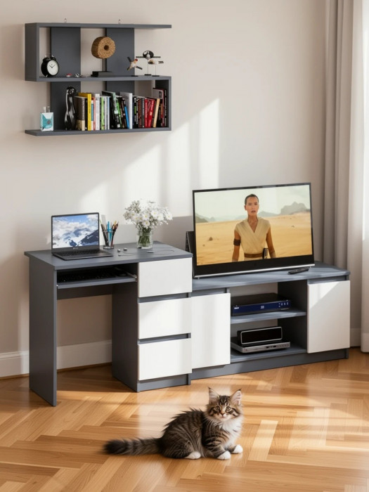 Мори компьютерный стол МС-6 правый + Тумба МТВ1200.1 + Полка 900, графит/белый