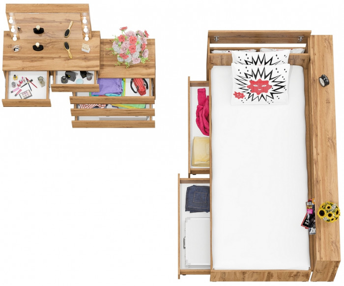 Ксения Кровать с ящиками 0900 + прикроватный блок + Столик с подсветкой 110, дуб вотан