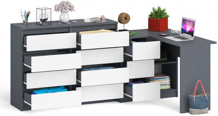 Мори компьютерный стол МС-16 левый + Комод МК1200.8, графит/белый