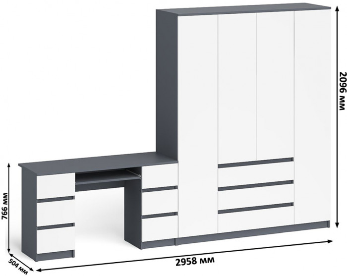 Мори компьютерный стол МС-2 + Шкаф МШ1600.1, графит/белый