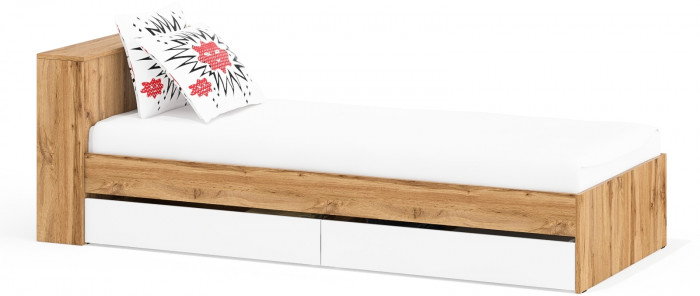 Ксения Кровать с ящиками 0900, цвет дуб вотан/белый, ШхГхВ 96,4х221,6х72 см., сп.м. 900х2000 мм., без матраса, основание есть, ун. сб.