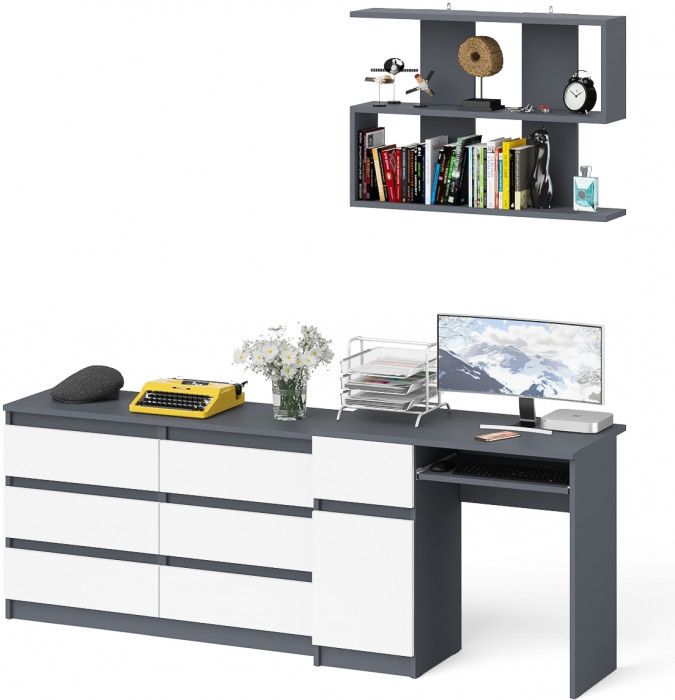 Мори компьютерный стол МС-1 левый + Комод МК1200.6 + Полка 900, графит/белый