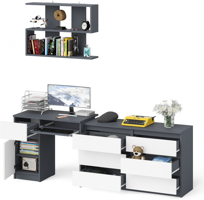 Мори компьютерный стол МС-1 левый + Комод МК1200.6 + Полка 900, графит/белый