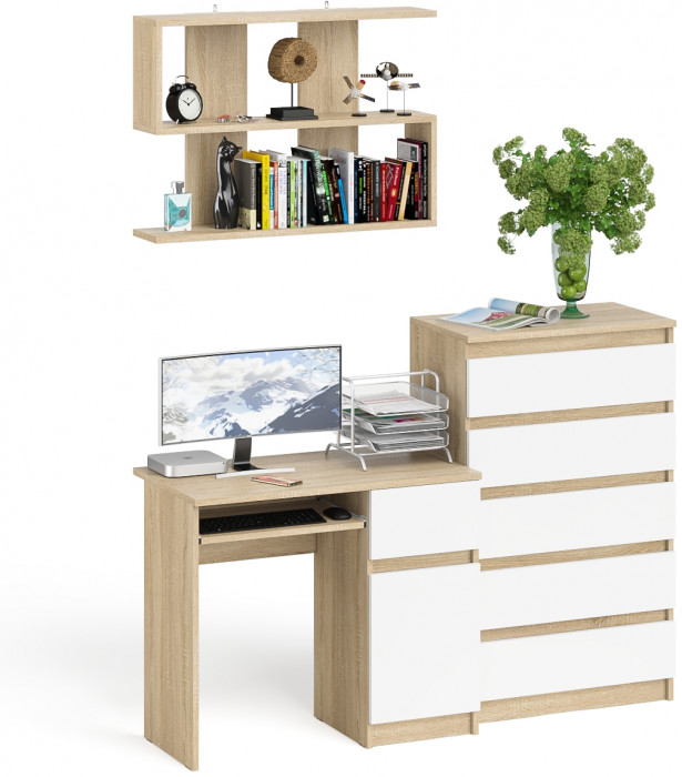 Мори компьютерный стол МС-1 правый + Комод МК700.5 + Полка 900, дуб сонома/белый
