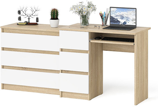 Мори Стол компьютерный МС-6 левый + Комод МК800.1, цвет дуб сонома/белый, ШхГхВ 170,4х50х76,6 см., выдвижные ящики слева, НЕ универсальная сборка