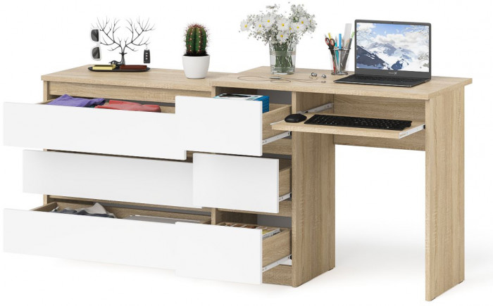 Мори Стол компьютерный МС-6 левый + Комод МК800.1, цвет дуб сонома/белый, ШхГхВ 170,4х50х76,6 см., выдвижные ящики слева, НЕ универсальная сборка