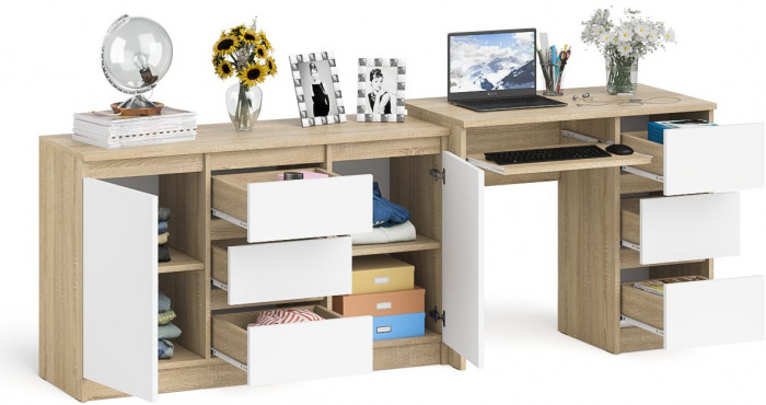 Мори Стол компьютерный МС-6 правый + Комод МК1200.3, цвет дуб сонома/белый, ШхГхВ 210,4х50х76,6 см., выдвижные ящики справа, НЕ универсальная сборка