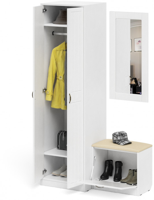 Прихожая П-6 Компоновка № 11, белая шагрень/фасады МДФ белое дерево фрезеровка прованс