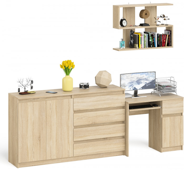 Мори компьютерный стол МС-1 правый + Комод МК1600.1 + Полка 900, дуб сонома