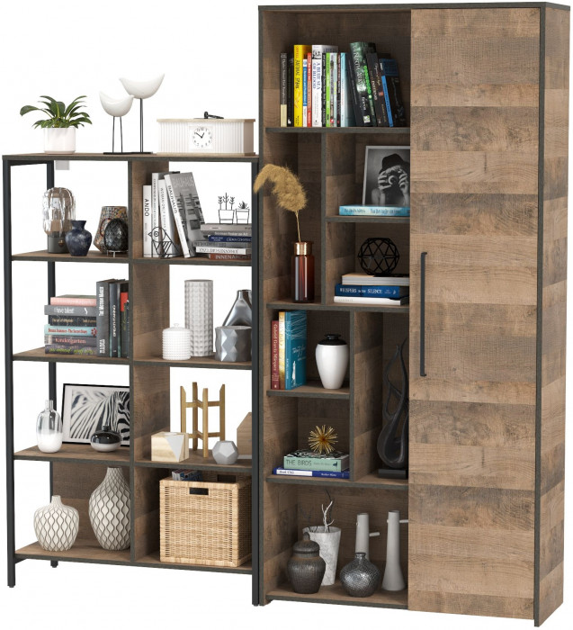 Трувор 13.151.02 Стеллаж + 13.206 Шкаф-стеллаж, цвет дуб гранж песочный/интра, ШхГхВ 183х37х194,2 см., универсальная сборка