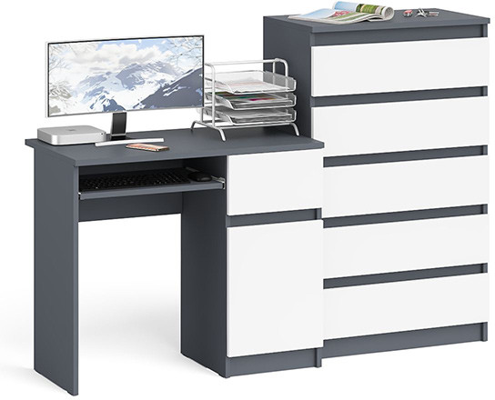 Мори компьютерный стол МС-1 правый + Комод МК700.5, графит/белый